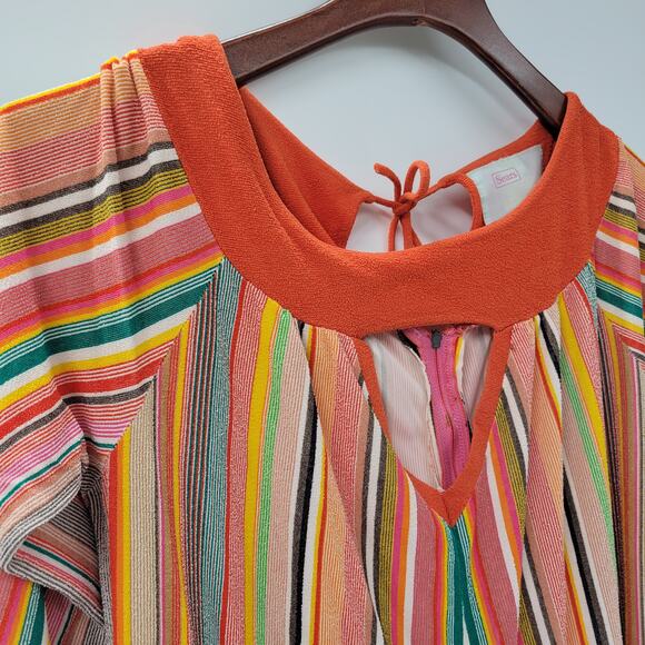 VTG Sears 70s Multicolor Striped House Coat Small Orange Robe Keyhole Back - Picture 15 of 16